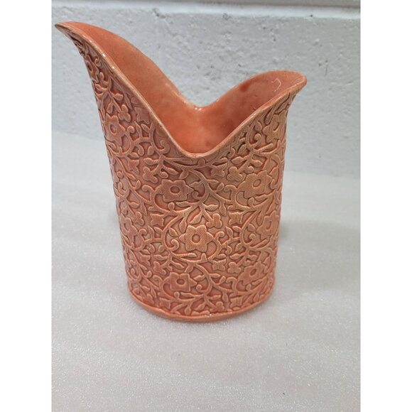 Embossed Orange Tulip Vase Handmade Ceramic Flowers Unique - Picture 3 of 8